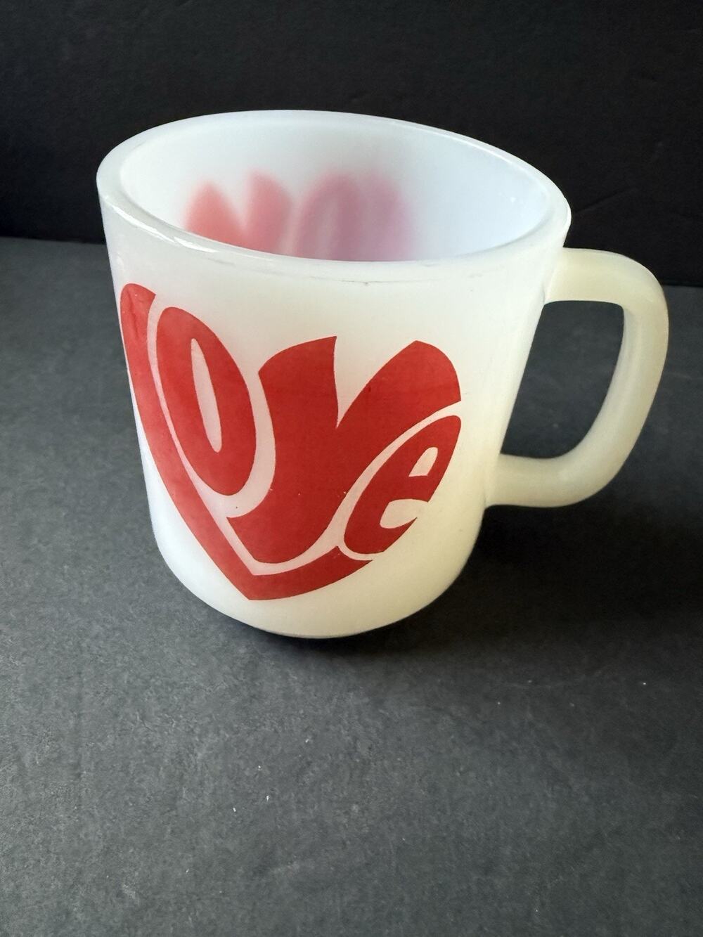 Vintage Milk Glasbake 1960s Jeanette Love Coffee Mug Cup Groovy White Red Retro